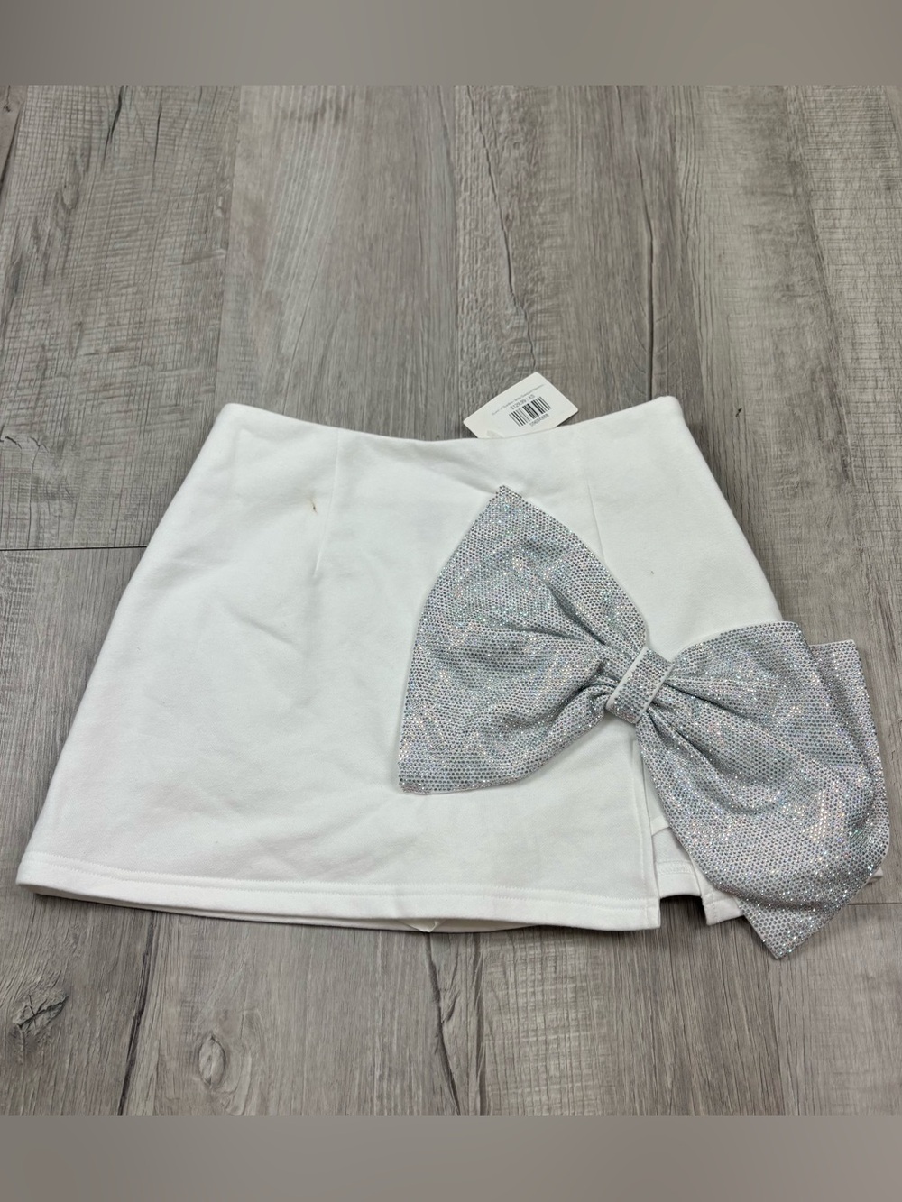 NWT Queen Of Sparkles White Oversized Rhinestone Bow Mini Skort Skirt Size XS